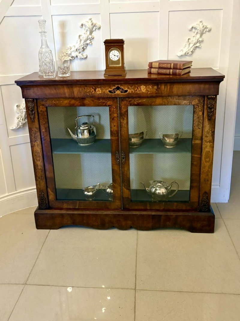 Antique Victorian Quality Figured Burr Walnut & Marquetry Inlaid Display Cabinet